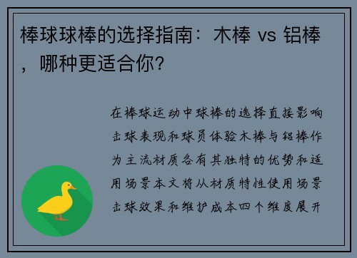棒球球棒的选择指南：木棒 vs 铝棒，哪种更适合你？